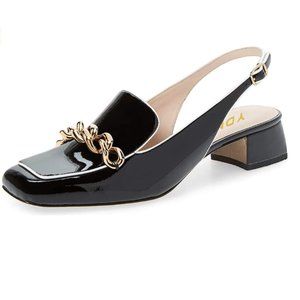 YDN Chain Black Classic Block Low Heels Closed Square Toe Slingback Pumps